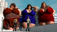 giantess city blonde long_hair clothed cleavage brunette short_hair bbw looking_down short_skirt giantesses looking_up outdoors bracelet skinny digital_render