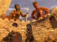 giantess armor sword fantasy cleavage castle elf muscles abs looking_down giantesses looking_up outdoors mohawk orc hands_on_hips spear bracers green_skin pointed_ears painted_faces