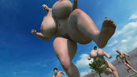 giantess nude huge_breasts low_angle tree foot_crush looking_down outdoors point_of_view running_away wall digital_render small_head