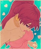 drawing long_hair handheld cleavage brunette red_hair ponytail looking_down aerial_view earrings parted_lips shoulderless_dress