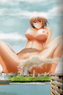 breasts drawing nipples giantess nude giga city color destruction green_eyes brunette smiling short_hair navel boats bikuta