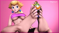 giantess feet blonde toes barefoot mario princess_peach foot_play bowser trapped between_feet toe_ring nail_polish looking_at_tiny poposan digital_render
