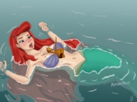 breasts drawing giantess blushing mega color blue_eyes ocean mermaid red_hair trapped body_exploration disney ships ariel the_little_mermaid looking_at_tiny on_breasts kasumikills
