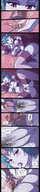drawing karbo pussy blushing comic aroused color large_breasts butt handheld pubic_hair blue_hair pink_eyes blue_skin shrunken_woman indoors horn imminent_insertion looking_at_tiny