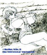 drawing monochrome cleavage huge_breasts warzwars lying_down shrunken_men grass field bangs looking_at_tiny