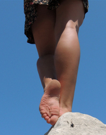 collage feet blonde long_hair clothed barefoot dress legs shrunken_people hiding sunny