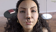 black_hair shrunken_woman close_up curly_hair eyes freckles spawngts earrings looking_at_viewer between_lips sucked_in digital_render