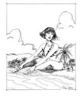 bikini breasts drawing gentle giantess mega monochrome clothed beach cleavage ocean brunette island sitting looking_down onlookers palm_trees manicure heike