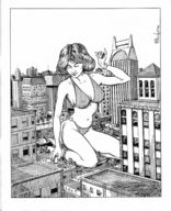 bikini drawing giantess city monochrome handheld cleavage high_heels buildings brunette kneeling navel bus looking_down vehicles onlookers ousley