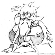 drawing giantess monochrome cleavage huge_breasts looking_at_tiny n647