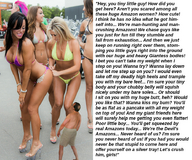 bikini collage blonde black_hair long_hair clothed cleavage high_heels brunette shorts bending_over shrunken_man women standing dialogue squeezemeflat
