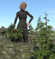 gentle giantess blonde clothed standing runswithferrets catsuit wilderness digital_render pine_trees