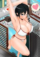 drawing giantess city black_hair color swimsuit barefoot cleavage huge_breasts looking_at_viewer オレンジ orenji