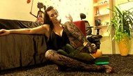 collage long_hair clothed cleavage brunette domination foot_worship sitting foot_crush smoking nylons camisole shrunken_man carpet pedicure crlvr sofa bald