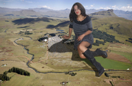 collage landscape mega dress boots sitting looking_at_viewer countryside insetosonhador