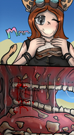 drawing micro vore tail color tongue mouth saliva blood smiling gore hard_vore ears unaware eating holding cat_girl sandwich grey_eyes orange_hair chewing mspaintgts chewed_food puzzle