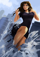 breasts drawing giantess city color long_hair destruction clothed rampage buildings brunette dress running angelgts