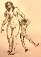 breasts drawing nipples gentle nude pussy monochrome long_hair penis handheld barefoot brunette crow navel amazon walking sketch