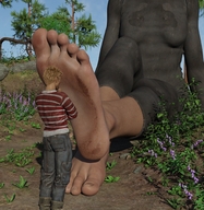 gentle giantess clothed barefoot sweat forest runswithferrets digital_render inspecting pine_trees injury