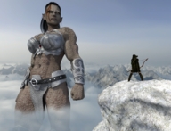 breasts giantess mega armor fantasy cleavage mountains tattoo bow orc belt fog arrows boomgts looking_at_tiny pointed_ears digital_render loincloth bare_legs grey_skin quiver bare_midriff orc_girl