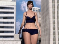 giantess panties city bra brunette smiling small_breasts lingerie walking medium_length_hair thighs sky digital_render mindmedic