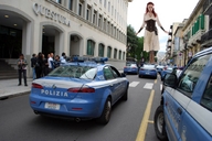 giantess collage city buildings red_hair police dress boots unknown_artist streets vehicles street_view police_cars