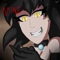drawing black_hair color handheld yellow_eyes gloves grin shrunken_man trapped looking_at_tiny cutelittlenightmare