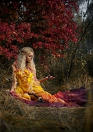 gentle collage blonde long_hair clothed handheld dress sitting shrunken_man forest violin