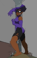 feet black_hair brown_eyes surprised dark_skin between_buildings on_shoulder emmacat64