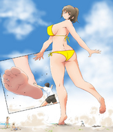 drawing giantess color swimsuit beach barefoot soles unaware point_of_view raised_foot imminent_crush bikuta