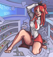 drawing growth giantess panties upskirt color long_hair destruction clothed barefoot skirt glasses red_hair ponytail tie onlookers outgrowing_space shirt laboratory gareit0