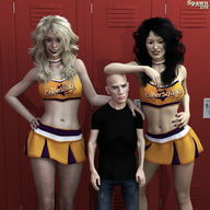 gentle blonde black_hair long_hair clothed skirt navel amazon belly uniform women standing sweater lockers manicure spawngts looking_at_viewer cheerleaders digital_render