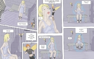 drawing wings blonde comic color blue_eyes clothed shrinking fairy short_hair unknown_artist shrunken_woman indoors prison orange_eyes dialogue orange_hair pointed_ears shackles bare_midriff orange_(shrinkanon) princess_(shrinkanon)