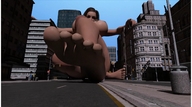 breasts giantess nude city large_breasts barefoot brunette point_of_view leaning_on_building digital_render endlessrain0110