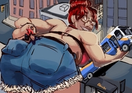 breasts drawing gentle giantess city mega color butt handheld bra buildings glasses smiling red_hair shorts bus looking_back claw7705 hair_bun