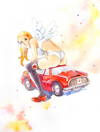 drawing giantess crush panties wings blonde color long_hair clothed bra shoes stockings sitting vehicles looking_back water_color