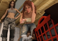 long_hair clothed jeans brunette red_hair navel belly reaching running shrunken_man women runswithferrets top basement digital_render crop_top camouflage