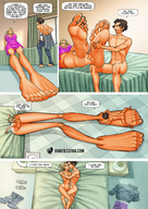 breasts drawing growth nude blonde comic color long_hair clothed barefoot bed massage story dress foot_worship sitting giantessfan large_feet cuddling