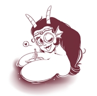 drawing giantess nude horns monochrome glasses huge_breasts boats winking homestuck feferi_peixes squidapple between_breasts