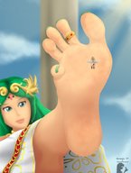 drawing giantess crush feet color toes barefoot goddess green_hair toe_ring nail_polish stuck_to_foot pit palutena kid_icarus sizeworkshop lewdssonk
