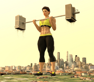 breasts city mega buildings leggings short_hair muscles abs workout lifting houses sports_bra boomgts digital_render six_pack running_shoes