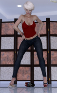 blonde barefoot cleavage high_heels jeans domination foot_crush shrunken_man naked_man cruel spawngts top hands_on_hips digital_render