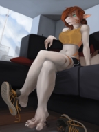 drawing feet furry dragoness anthro color barefoot sweat foot_worship sitting shrunken_people indoors trainers sports_wear kerneldecoy