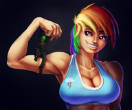 breasts drawing gentle color large_breasts clothed cleavage smiling muscles pink_eyes standing flexing my_little_pony rainbow_dash no_background multicolored_hair humanized_pony biting_lip anon on_arm maarthul sportswear