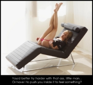 collage panties blonde long_hair butt barefoot domination lying_down shrunken_man oral_sex chair shirt dialogue goobi