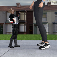 clothed shoes mini_giantess boots standing pants looking_up jacket spawngts bracelet digital_render leather_clothing fists