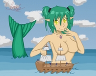 drawing giantess color mermaid yellow_eyes green_hair pigtails looking_down ships looking_at_tiny pointed_ears whitestormclouds