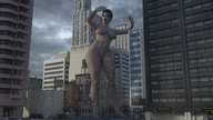 breasts nipples giantess nude city barefoot water navel thick_thighs digital_render hair_bun amgipi