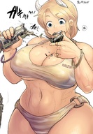 drawing giantess blonde color swimsuit destruction blue_eyes handheld cleavage huge_breasts train raijin navel abs eating bracelet vehicle_crush imminent_vore thick_thighs bakugeki_no_g devil_horn planet_(bakugeki_no_g)