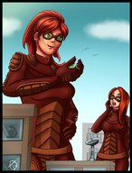 drawing giantess city color handheld buildings glasses superhero red_hair giantesses looking_at_tiny on_palm teaquill detective-barricade a0040pc.